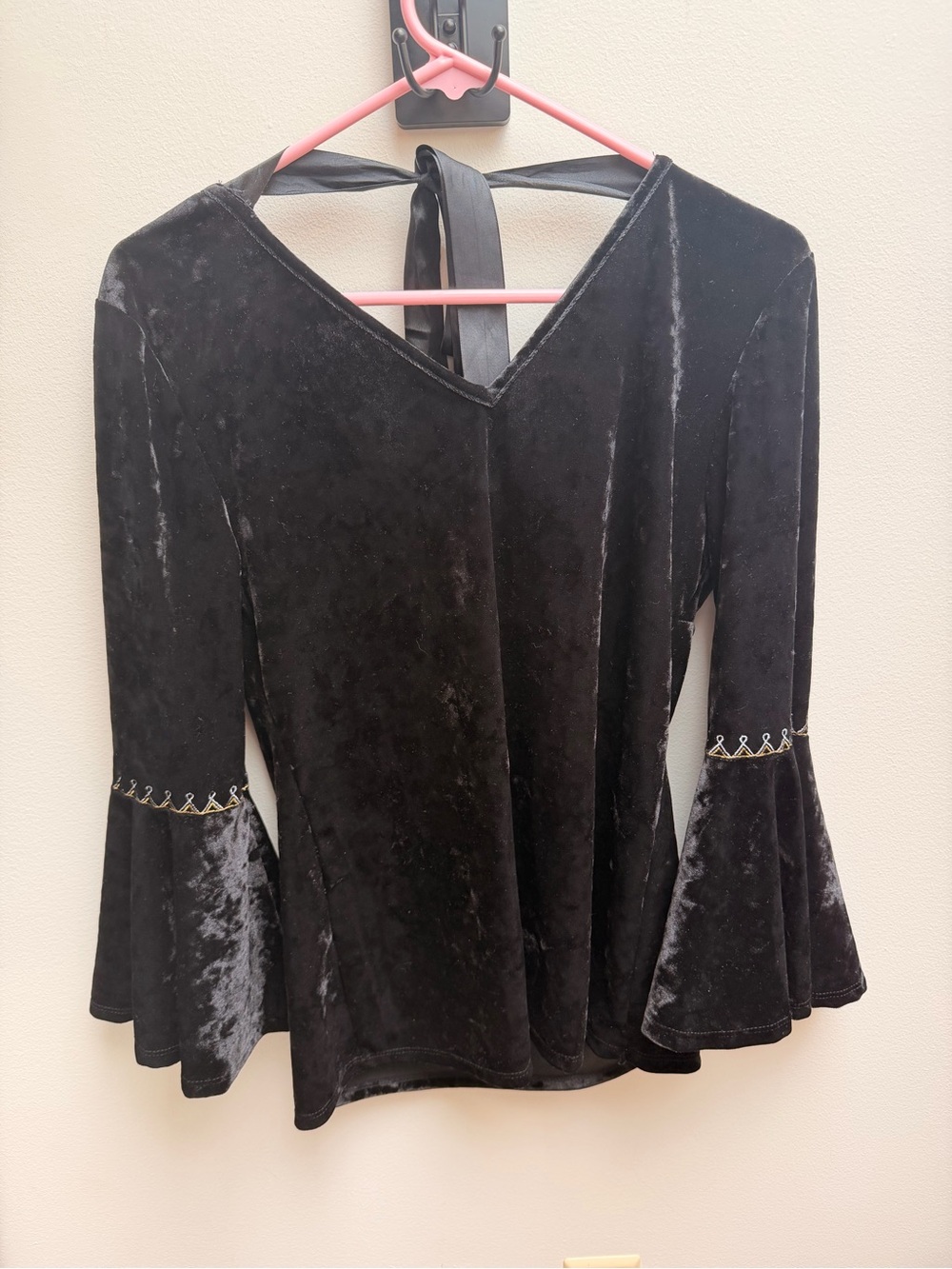 Witchy Whimsigoth Black Velvet Bell-Sleeve Embroidered Women's Top with Ribbon